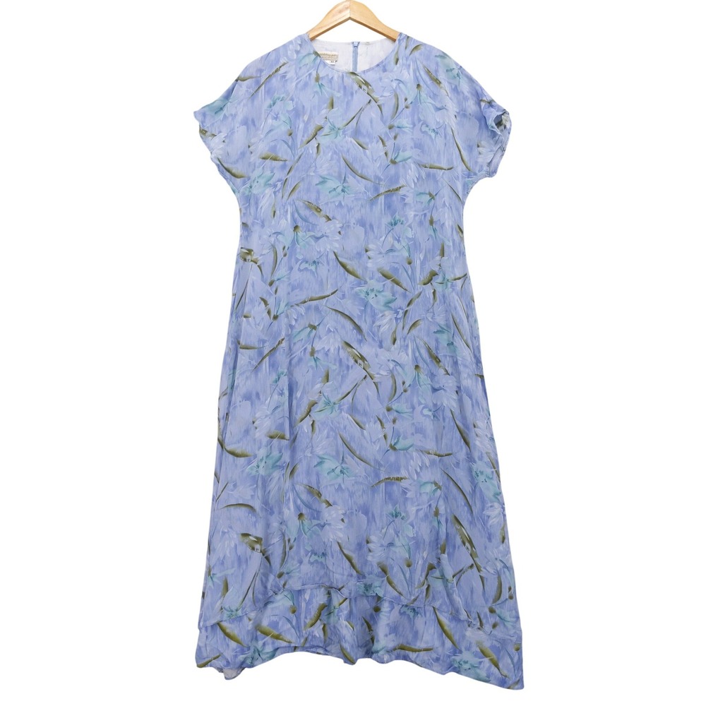 Vintage 90s Coldwater Creek Maxi Dress Womens XL Blue Floral Rayon Layered‎ Hem